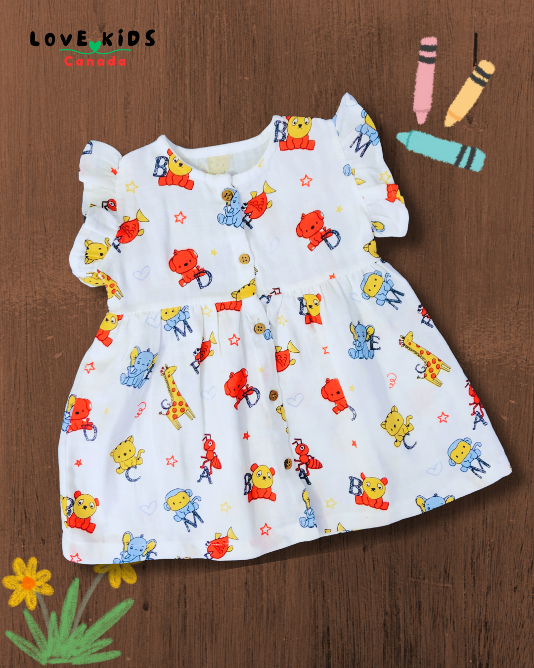 Muslin Front Open Dress - Elephant & Dog Charm