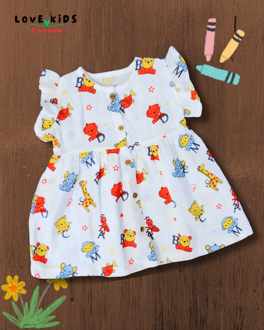 Muslin Front Open Dress - Elephant & Dog Charm