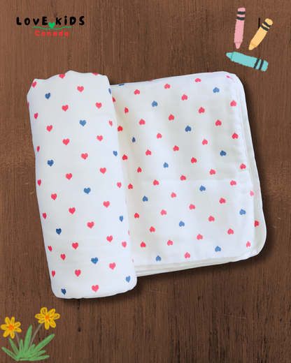 Muslin Blanket - 8 Layer - Pink Blue Hearts
